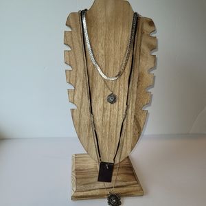 NWT Free People Silver Layered Bohemian Necklace with small Leather Bag Pendant